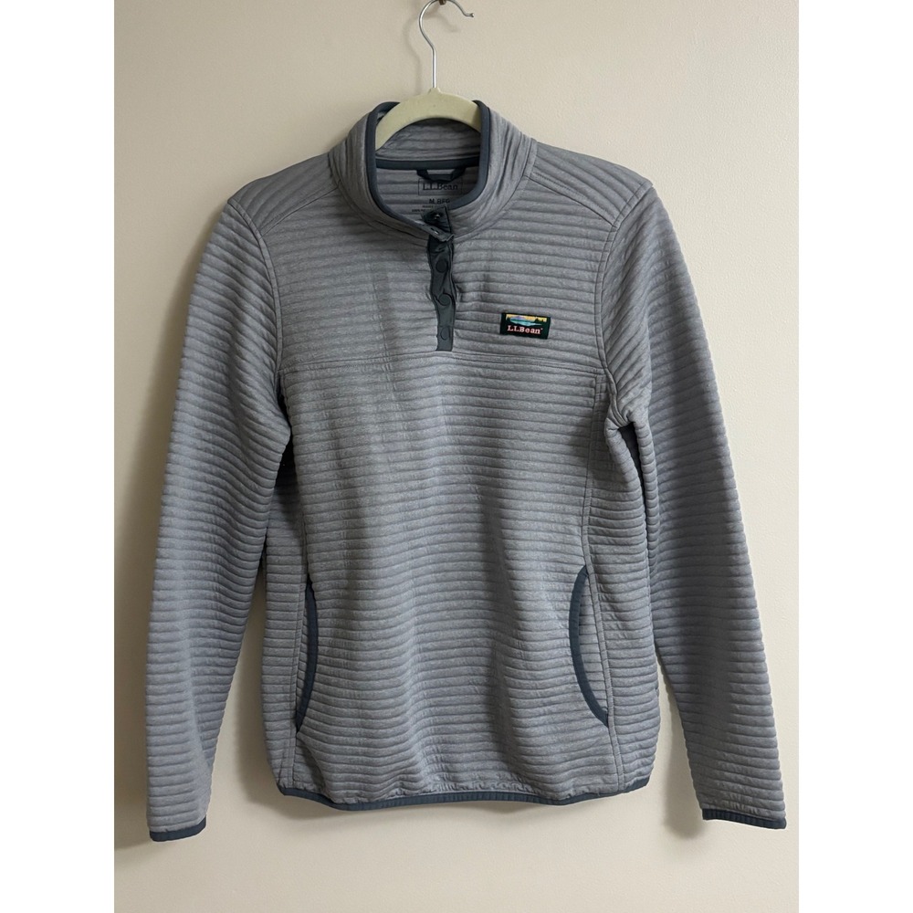 LL Bean Womens Airlight Knit Pullover Gray Ribbed Snap Neck Fleece Jacket Medium
